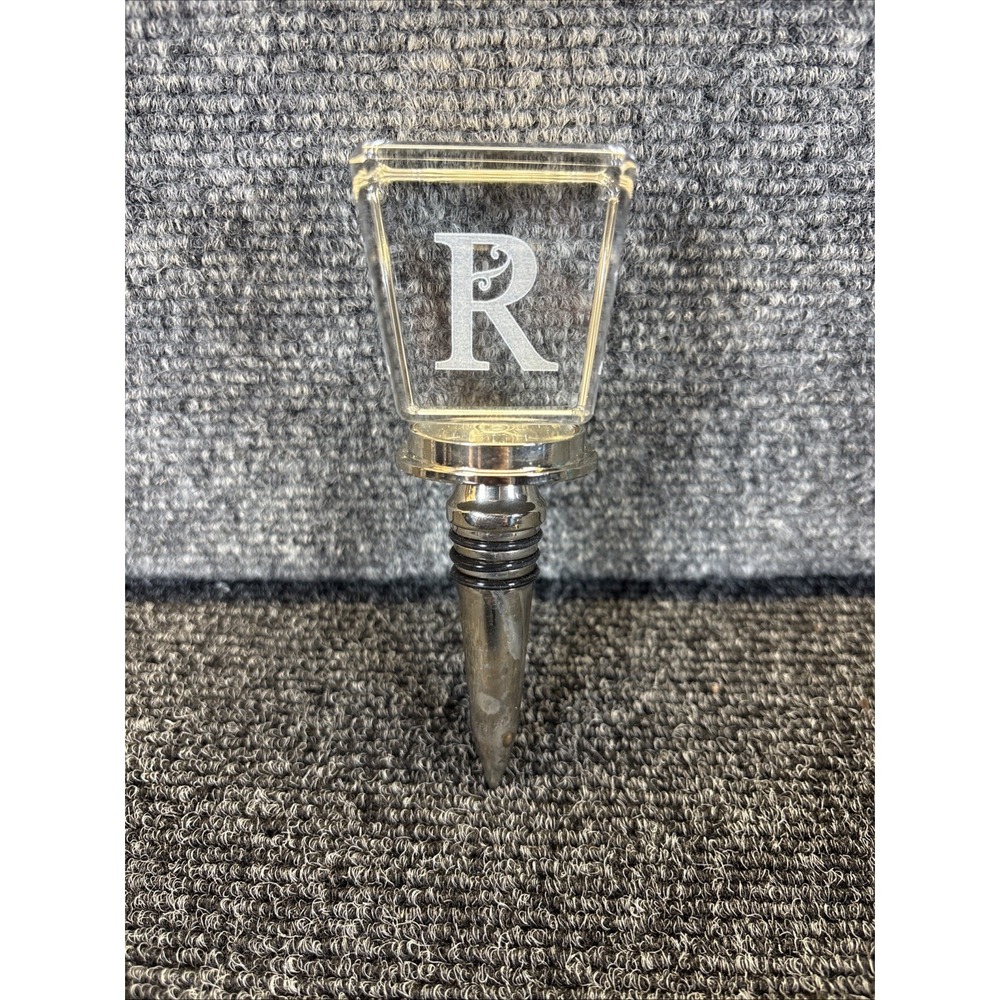 Wine Liquor Bottle Stopper Monogram Letter‎ "R" Clear Cubed Silver Tone Stopper